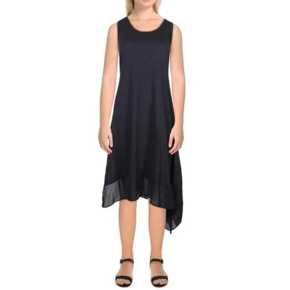 Philosophy Sleeveless Midi Dress Asymmetrical Sheer Hem Navy Blue (M) - Picture 1 of 12